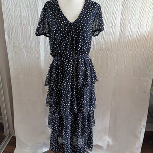 Kate & Lily tiered midi dress navy blue white polka dots Size 14 ruffles